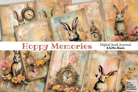 Easter Bunny Distressed Digital Junk Journal Double Pages | Spring Alice Digital Pattern Fine Purple Elephant Creations 