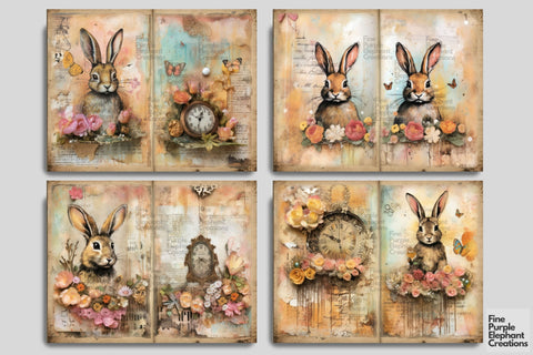 Easter Bunny Distressed Digital Junk Journal Double Pages | Spring Alice Digital Pattern Fine Purple Elephant Creations 