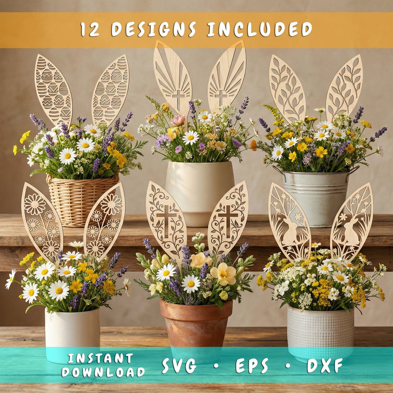 Easter Bunny Ears Laser SVG Bundle, 12 Laser Cut Centerpiece Designs, Plywood Bunny Ear Sticks – SVG EPS Dxf for Glowforge Cricut Cnc SVG HappyDesignStudio 