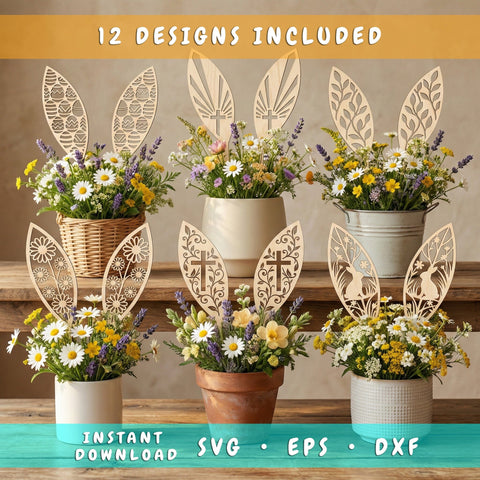 Easter Bunny Ears Laser SVG Bundle, 12 Laser Cut Centerpiece Designs, Plywood Bunny Ear Sticks – SVG EPS Dxf for Glowforge Cricut Cnc SVG HappyDesignStudio 