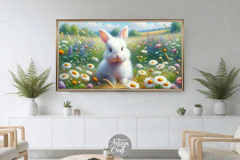 Easter bunny Frame TV art, cute bunny rabbit, wildflowers Digital Pattern Artisan Craft SVG 