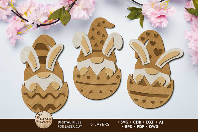 Easter Bunny Gnome in Egg, Decorative Template, Laser Cut File SVG LaserCutano 