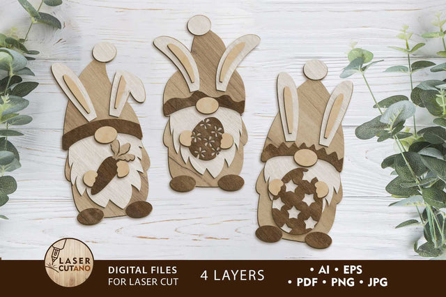 Easter Bunny Gnomes Set, Decorative Laser Cut Templates, Wood Cut and Paper Cut Files SVG LaserCutano 