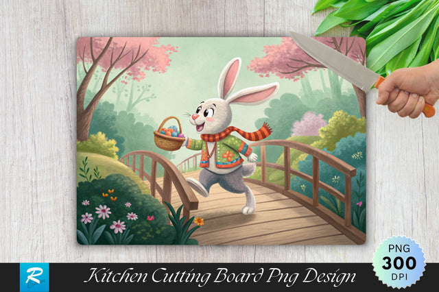 Easter Bunny Hopping Over a Wooden Bridge Cutting Board Sublimation Sublimation Regulrcrative 