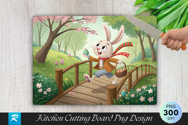 Easter Bunny Hopping Over a Wooden Bridge Cutting Board Sublimation Sublimation Regulrcrative 