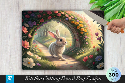 Easter Bunny Hopping Through a Flower Tunnel Cutting Board PNG Design Sublimation Regulrcrative 
