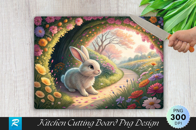 Easter Bunny Hopping Through a Flower Tunnel Cutting Board PNG Design Sublimation Regulrcrative 