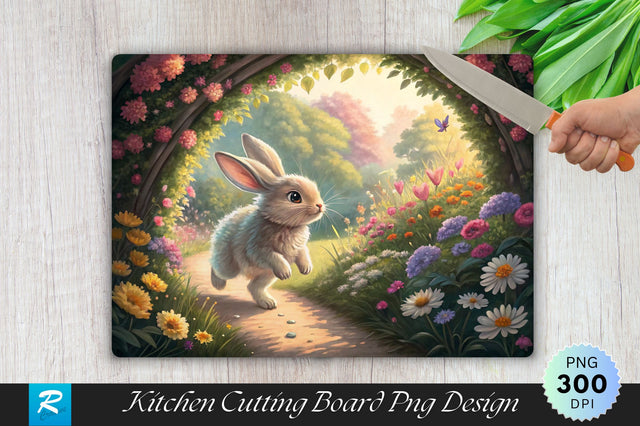 Easter Bunny Hopping Through a Flower Tunnel Cutting Board PNG Design Sublimation Regulrcrative 