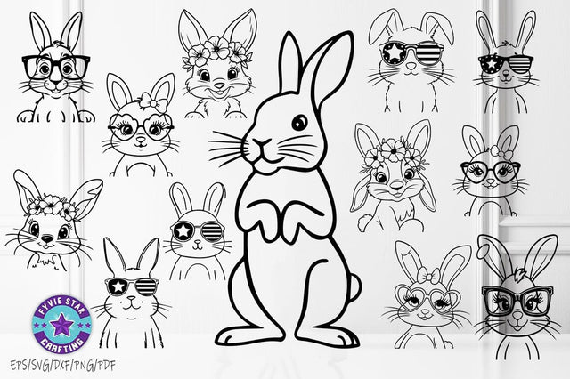 Easter Bunny Illustration Bundle, Bunny Art Vector Design, Bunnyn Line art SVG PNG SVG FiveStarCrafting 