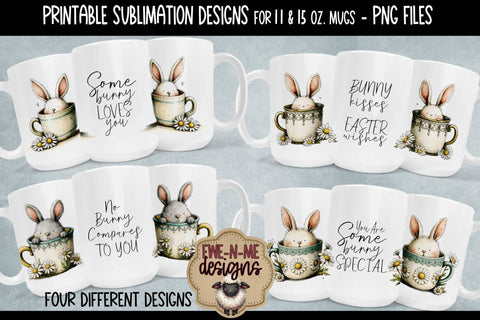 Easter Bunny in Tea Cups Mugs - Four Sublimation Mug 11 & 15 oz PNGs Sublimation Ewe-N-Me Designs 