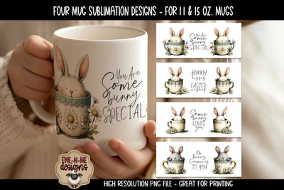 Easter Bunny in Tea Cups Mugs - Four Sublimation Mug 11 & 15 oz PNGs Sublimation Ewe-N-Me Designs 