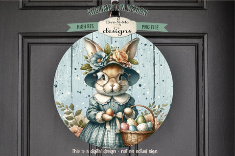 Easter Bunny Lady in Glasses Sublimation Design | Round PNG Sublimation Ewe-N-Me Designs 