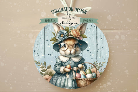 Easter Bunny Lady in Glasses Sublimation Design | Round PNG Sublimation Ewe-N-Me Designs 