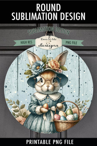 Easter Bunny Lady in Glasses Sublimation Design | Round PNG Sublimation Ewe-N-Me Designs 