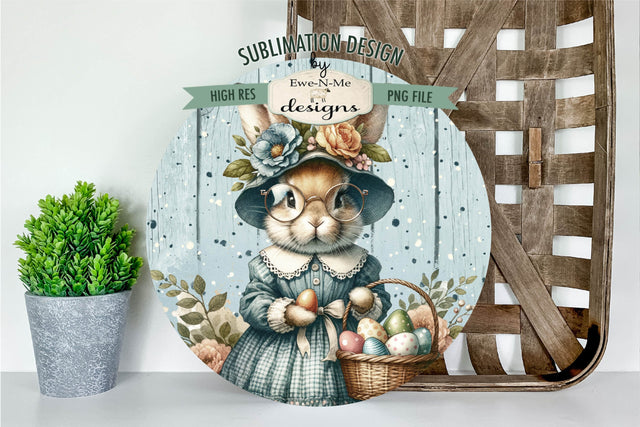 Easter Bunny Lady in Glasses Sublimation Design | Round PNG Sublimation Ewe-N-Me Designs 