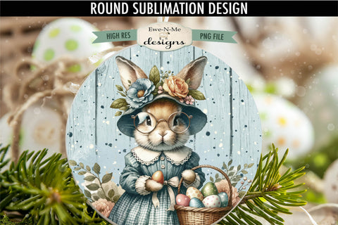 Easter Bunny Lady in Glasses Sublimation Design | Round PNG Sublimation Ewe-N-Me Designs 
