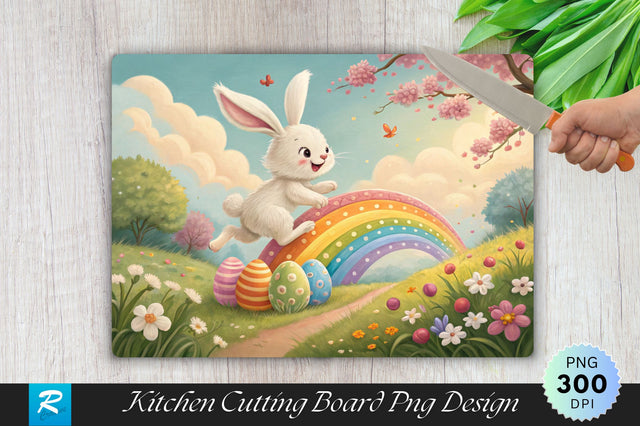 Easter Bunny Leaping Over an Easter Egg Rainbow Cutting Board PNG Design Sublimation Regulrcrative 