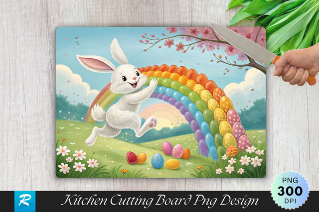 Easter Bunny Leaping Over an Easter Egg Rainbow Cutting Board PNG Design Sublimation Regulrcrative 