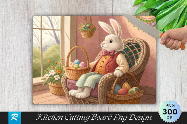 Easter Bunny on a Wicker Chair with Basket Cutting Board PNG Design Sublimation Regulrcrative 