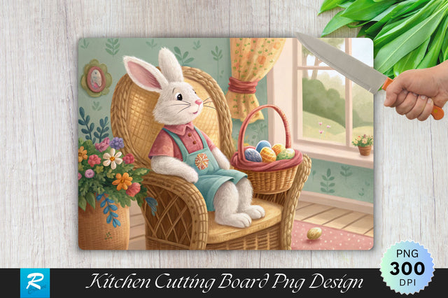 Easter Bunny on a Wicker Chair with Basket Cutting Board PNG Design Sublimation Regulrcrative 