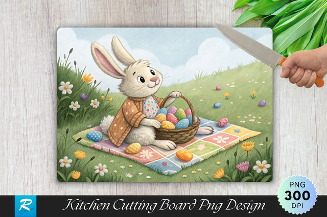 Easter Bunny on Picnic Blanket with Eggs Cutting Board PNG Design Sublimation Regulrcrative 