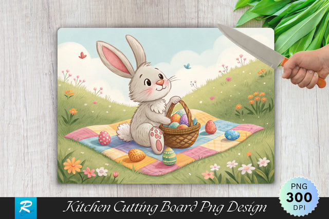 Easter Bunny on Picnic Blanket with Eggs Cutting Board PNG Design Sublimation Regulrcrative 