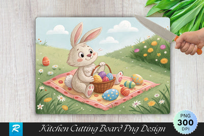 Easter Bunny on Picnic Blanket with Eggs Cutting Board PNG Design Sublimation Regulrcrative 