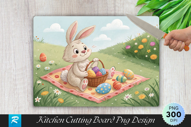 Easter Bunny on Picnic Blanket with Eggs Cutting Board PNG Design Sublimation Regulrcrative 