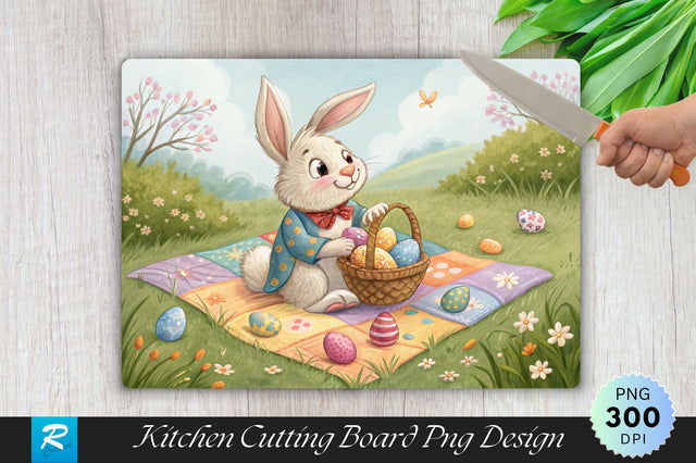 Easter Bunny on Picnic Blanket with Eggs Cutting Board PNG Design Sublimation Regulrcrative 