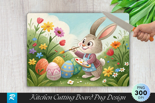 Easter Bunny Painting Eggs in a Garden Cutting Board PNG Design Sublimation Regulrcrative 