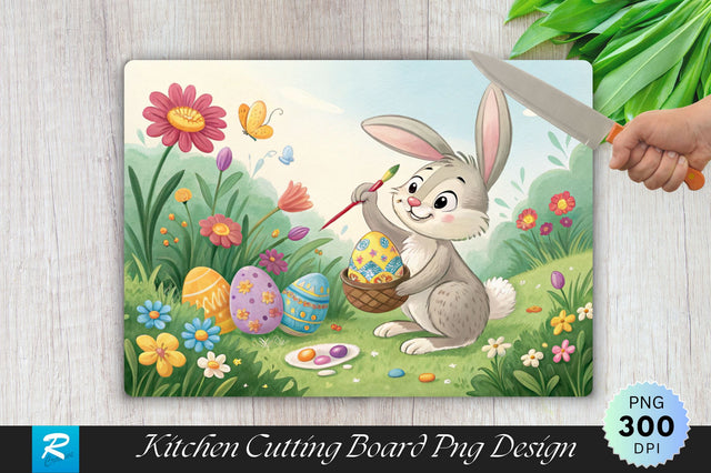 Easter Bunny Painting Eggs in a Garden Cutting Board PNG Design Sublimation Regulrcrative 