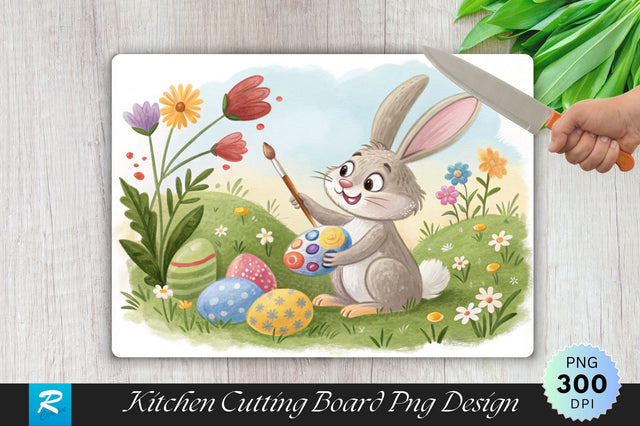 Easter Bunny Painting Eggs in a Garden Cutting Board PNG Design Sublimation Regulrcrative 
