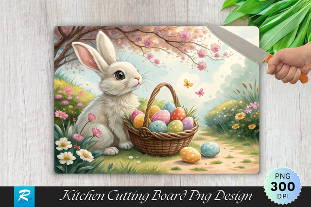 Easter Bunny Posing with Basket of Eggs Cutting Board PNG Design Sublimation Regulrcrative 