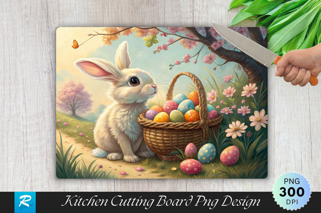 Easter Bunny Posing with Basket of Eggs Cutting Board PNG Design Sublimation Regulrcrative 
