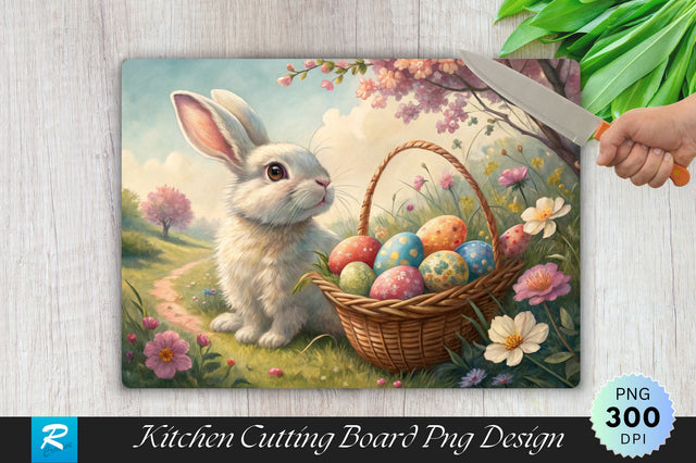Easter Bunny Posing with Basket of Eggs Cutting Board PNG Design Sublimation Regulrcrative 
