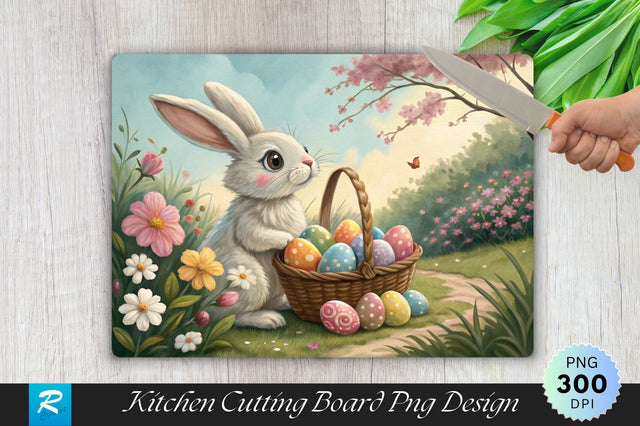 Easter Bunny Posing with Basket of Eggs Cutting Board PNG Design Sublimation Regulrcrative 