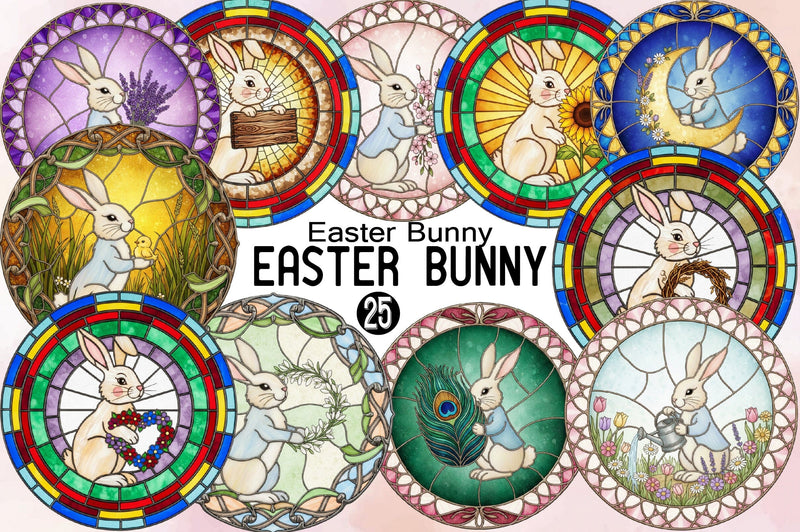 Easter Bunny Stained Glass Clipart Bundle. Sublimation SVGArt 