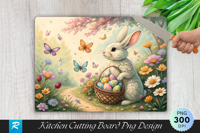 Easter Bunny Surrounded by Butterflies and Flowers Cutting Board PNG Design Sublimation Regulrcrative 