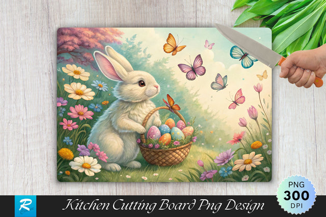 Easter Bunny Surrounded by Butterflies and Flowers Cutting Board PNG Design Sublimation Regulrcrative 