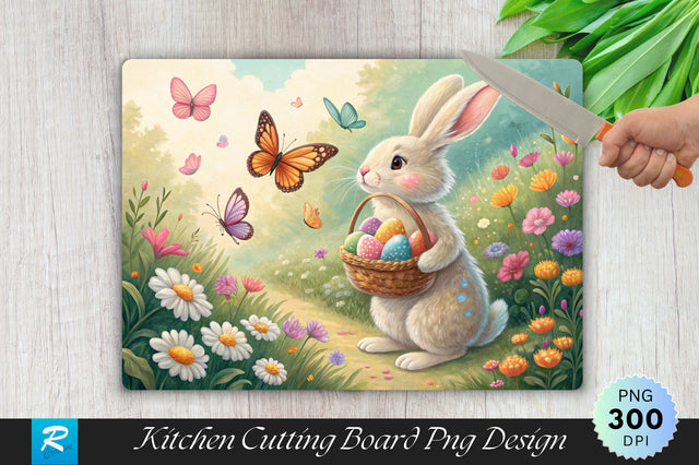 Easter Bunny Surrounded by Butterflies and Flowers Cutting Board PNG Design Sublimation Regulrcrative 