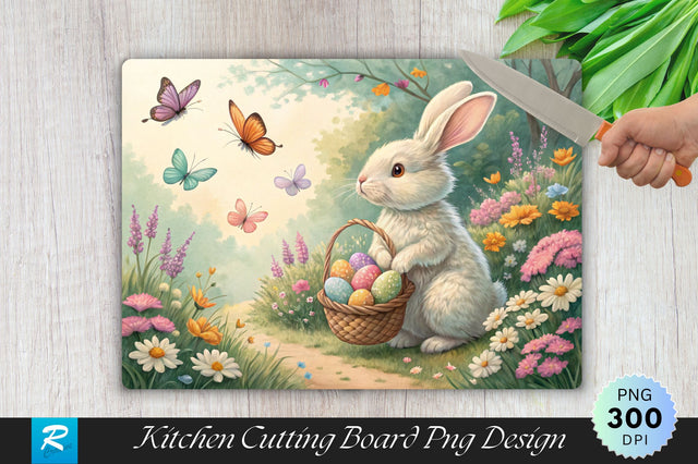 Easter Bunny Surrounded by Butterflies and Flowers Cutting Board PNG Design Sublimation Regulrcrative 