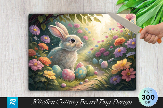 Easter Bunny Surrounded by Flowers and Hidden Eggs Cutting Board PNG Design Sublimation Regulrcrative 