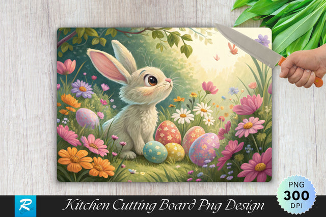 Easter Bunny Surrounded by Flowers and Hidden Eggs Cutting Board PNG Design Sublimation Regulrcrative 
