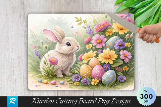 Easter Bunny Surrounded by Flowers and Hidden Eggs Cutting Board PNG Design Sublimation Regulrcrative 