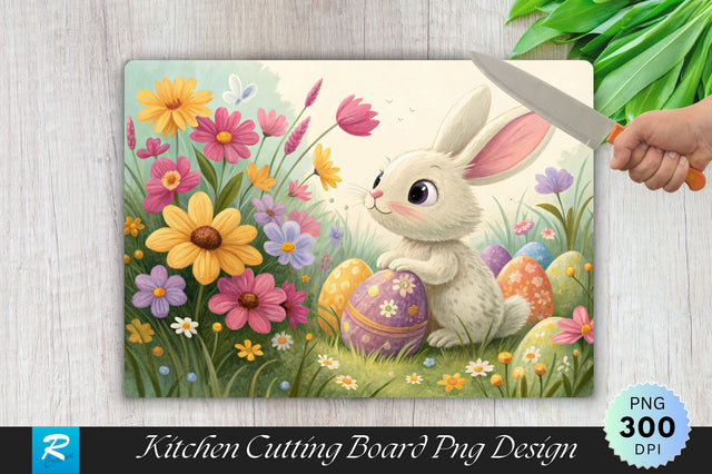 Easter Bunny Surrounded by Flowers and Hidden Eggs Cutting Board PNG Design Sublimation Regulrcrative 