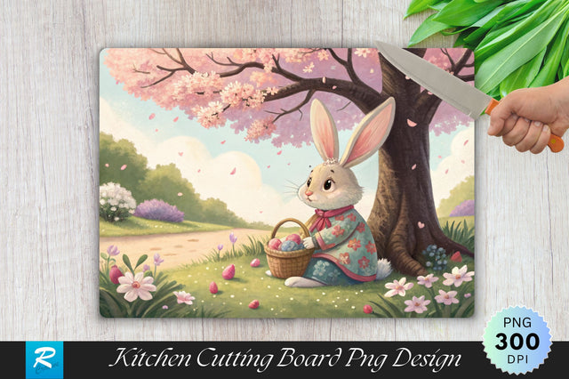 Easter Bunny Under Cherry Blossom Tree Sublimation Cutting Board Design Sublimation Regulrcrative 