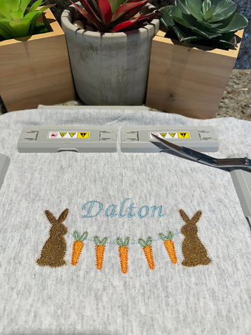 Easter Bunny w/ Carrots Banner for Baby Name Embroidery Design 4 Sizes - File formats in pes,dst,jef,xxx,exp,vip,vp3, gift, ideas, bunnies Embroidery/Applique DESIGNS AestheticdesignsE 