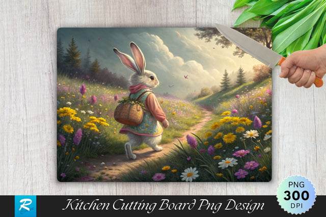 Easter Bunny Walking Through a Meadow of Wildflowers Cutting Board PNG Design Sublimation Regulrcrative 