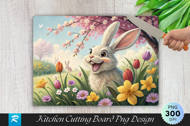 Easter Bunny with a Big Smile Surrounded by Spring Blooms Cutting Board PNG Design Sublimation Regulrcrative 