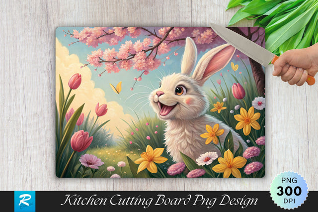 Easter Bunny with a Big Smile Surrounded by Spring Blooms Cutting Board PNG Design Sublimation Regulrcrative 